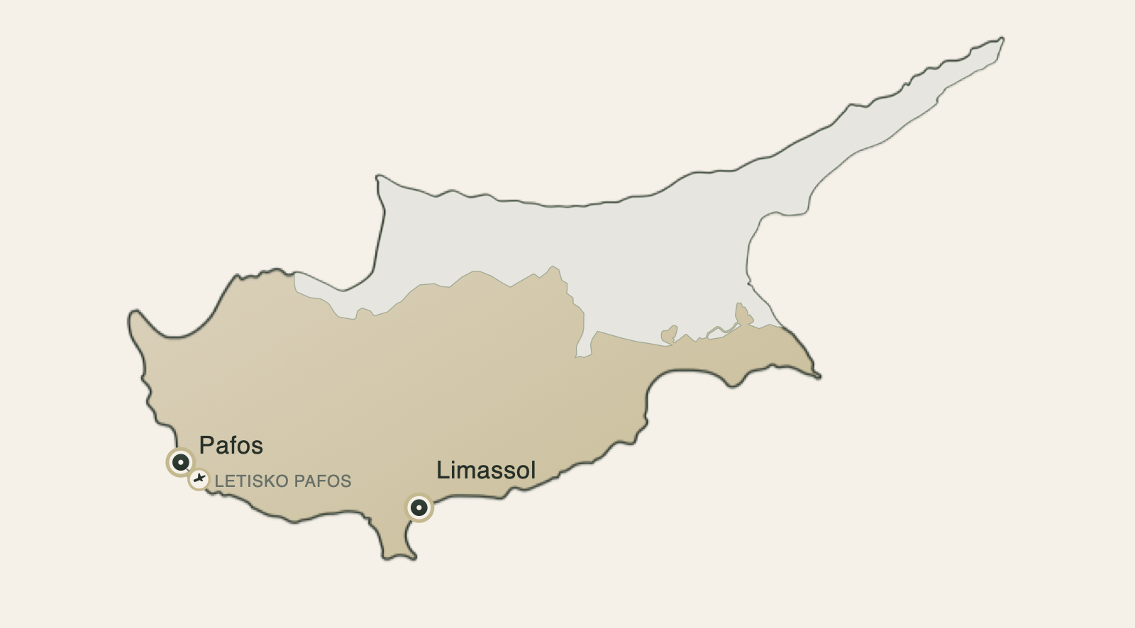 Mapa južného Cypru s kľúčovými investičnými lokalitami